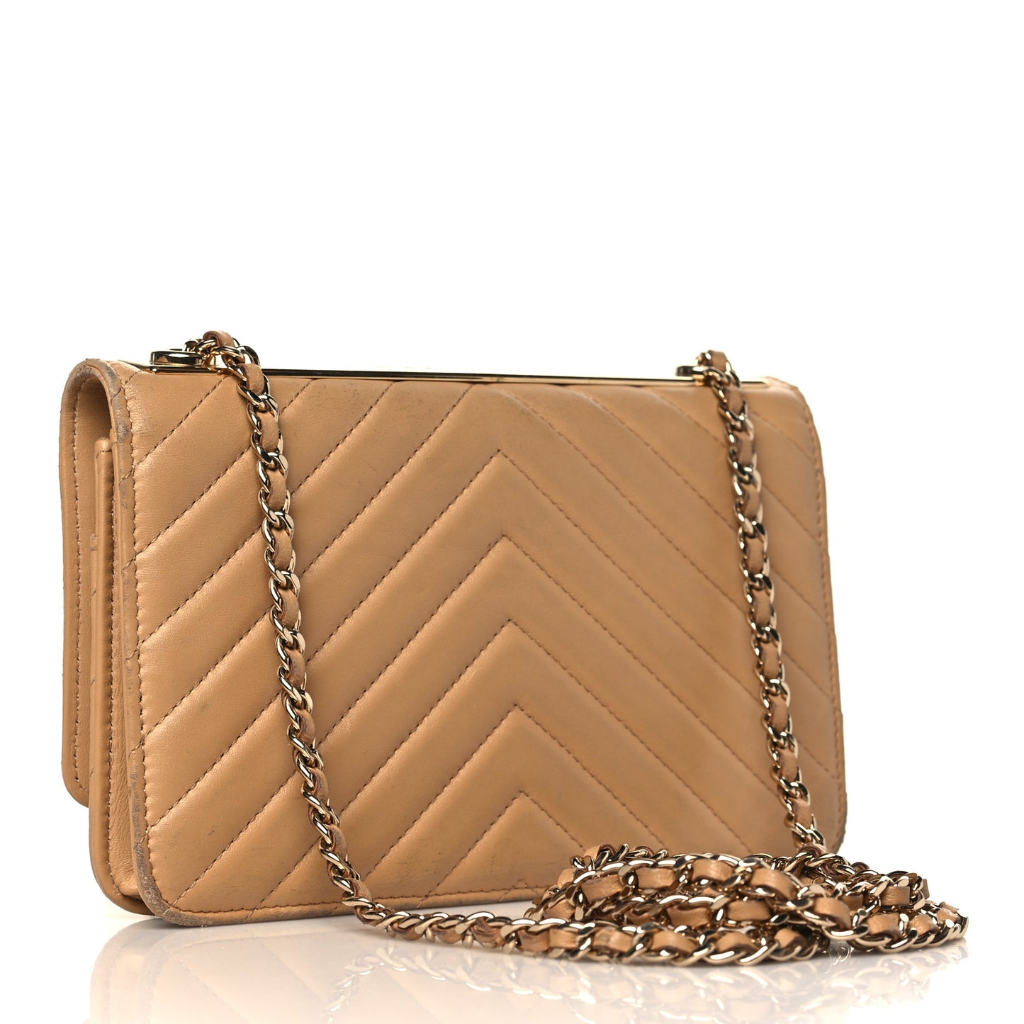 Lambskin Chevron Quilted Trendy CC Wallet On Chain WOC Beige