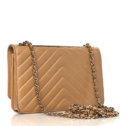 Chanel Lambskin Chevron Quilted Trendy CC Wallet On Chain WOC Beige 3 of 13