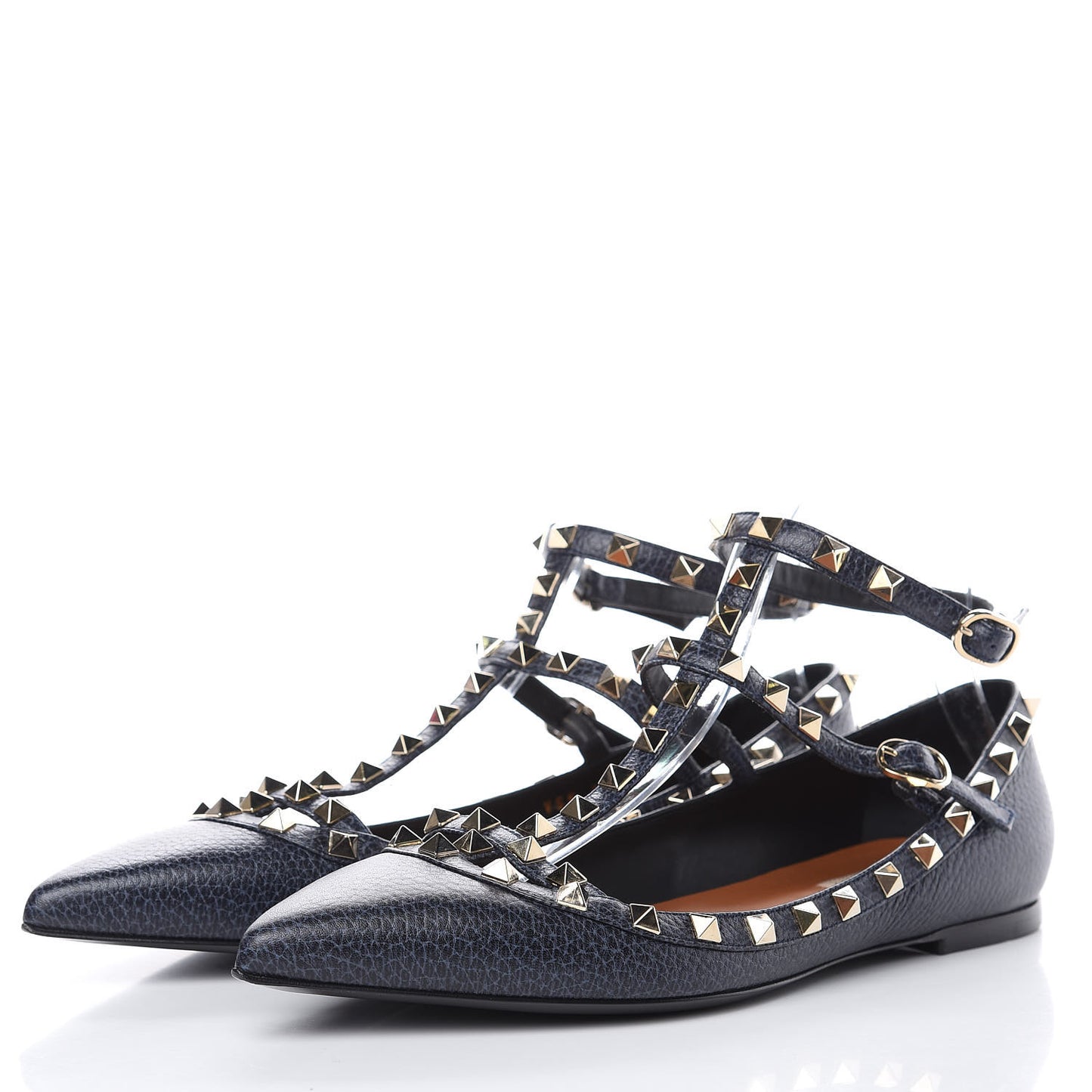Pebbled Calfskin Rockstud Cage Ballerina Flats 40.5 Deep Denim