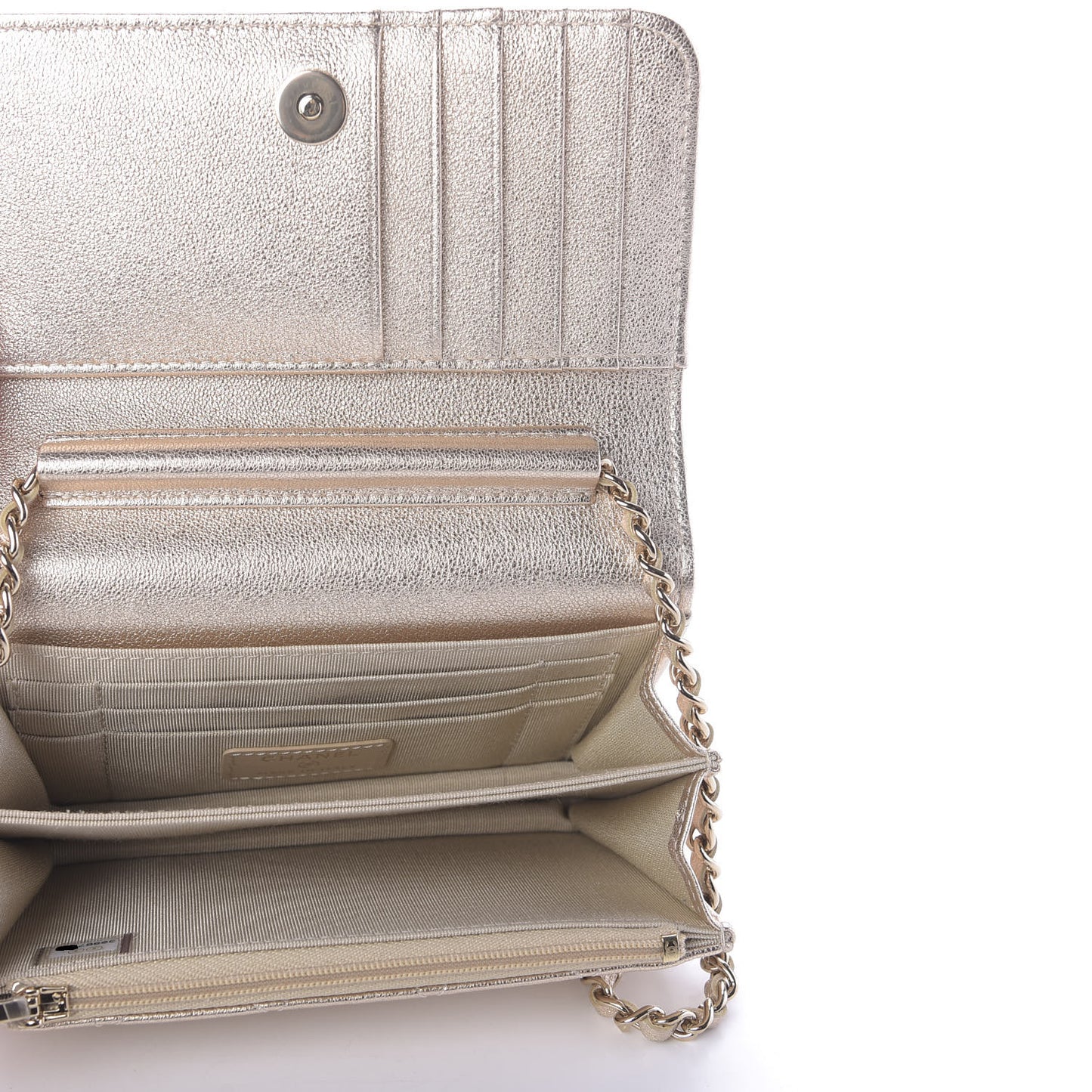 Metallic Lambskin Quilted Mini Wallet On Chain WOC Gold