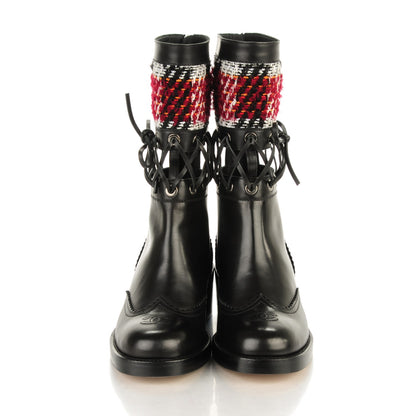 Chanel Tweed Calfskin Lace Up Short Boots 39 Black White Burgundy 2 of 6