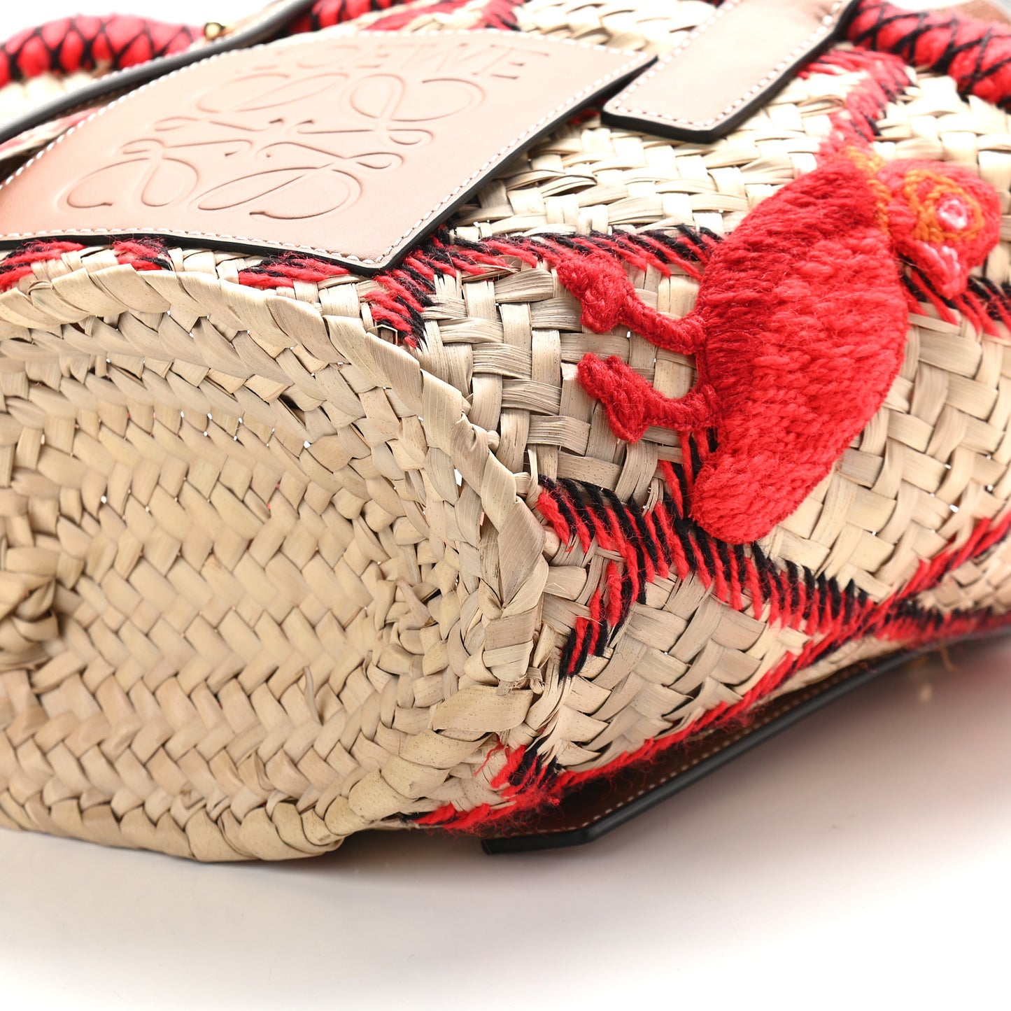 Embroidered Raffia Basket Tote Bag Natural Tan Red