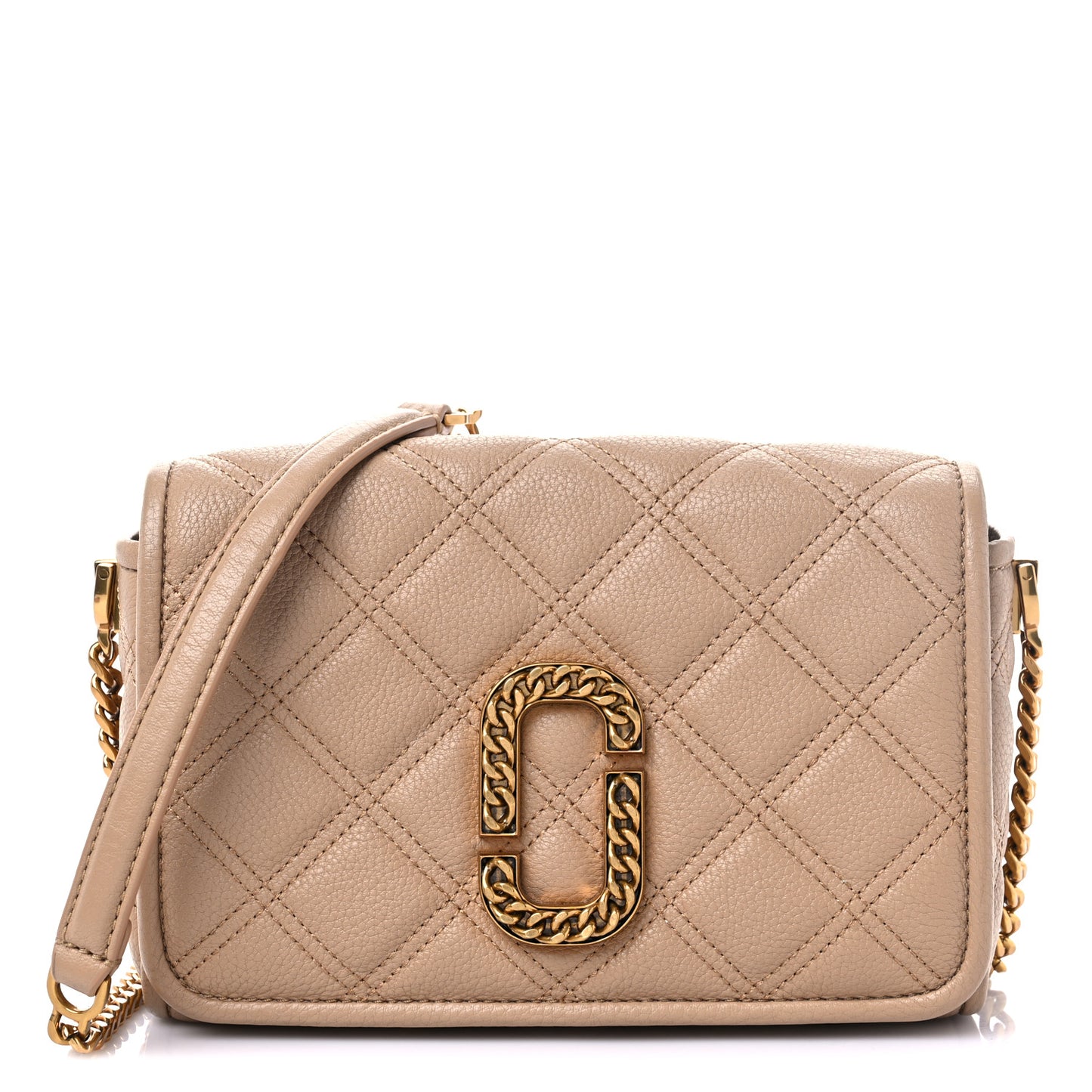 Grained Calfskin Quilted Double Stitched The Status Flap Crossbody Bag Tan