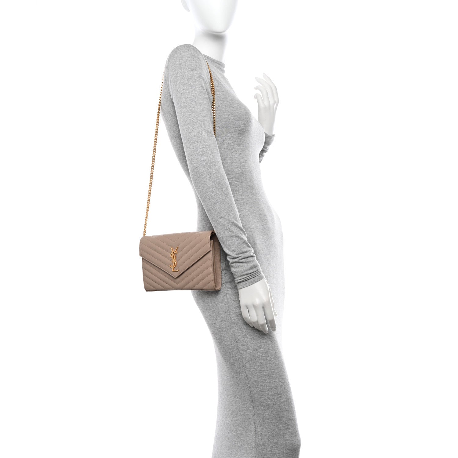 Saint Laurent Grain De Poudre Matelasse Chevron Monogram Chain Wallet Dark Beige 2 of 10