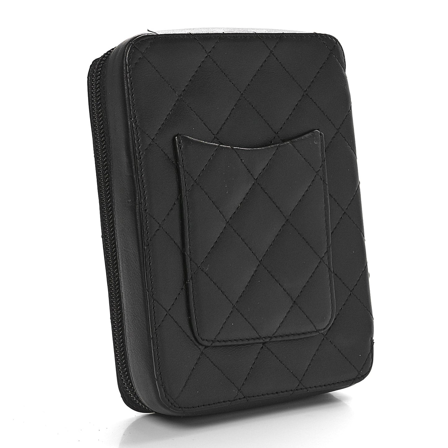 Calfskin Quilted Cambon Zip Around Cosmetic Pouch Black
