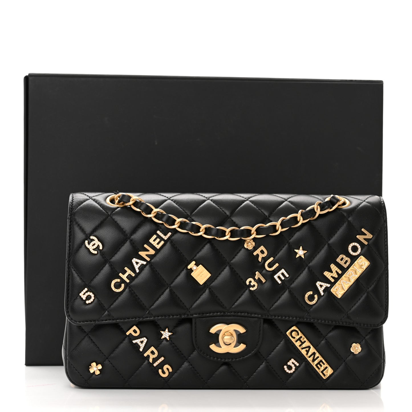 Lambskin Quilted Medium Rue Cambon Charms Double Flap Black