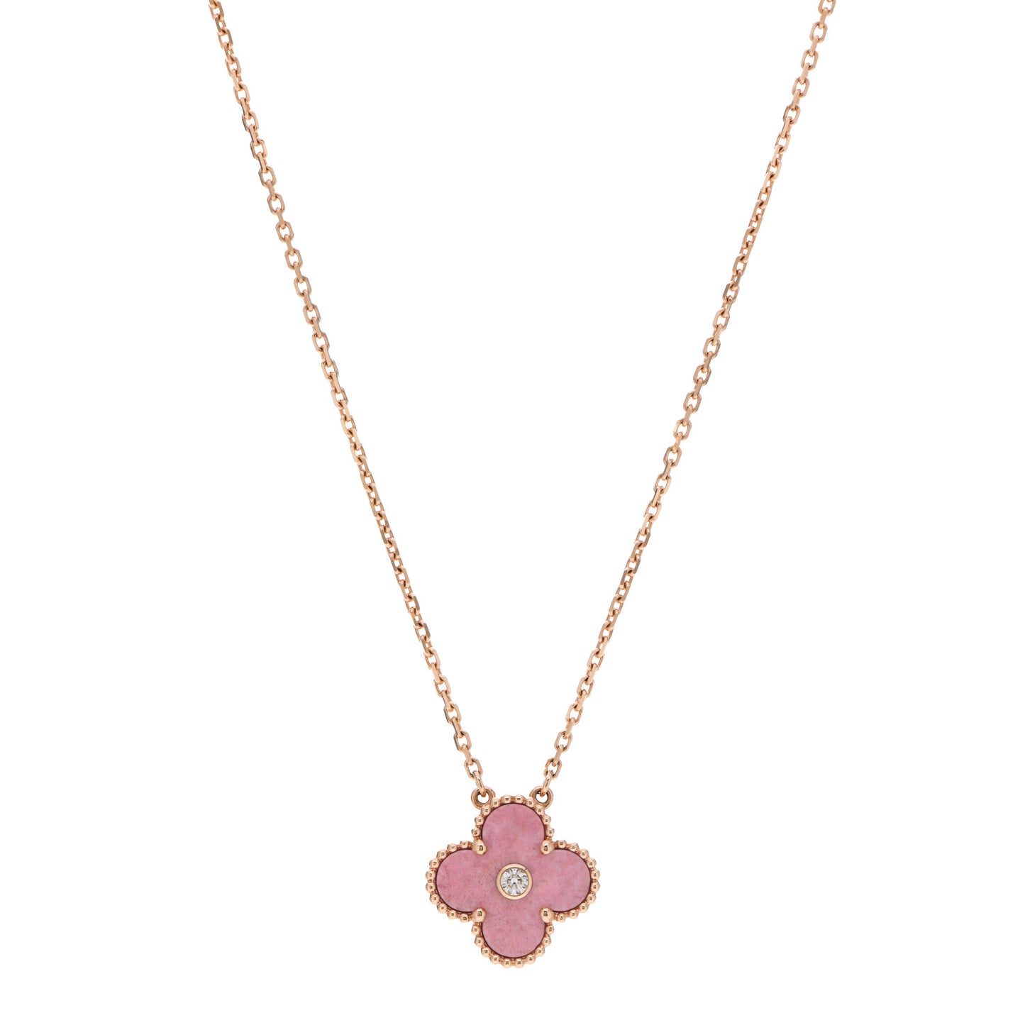 18K Rose Gold Diamond Rhodonite Vintage Alhambra Pendant Necklace
