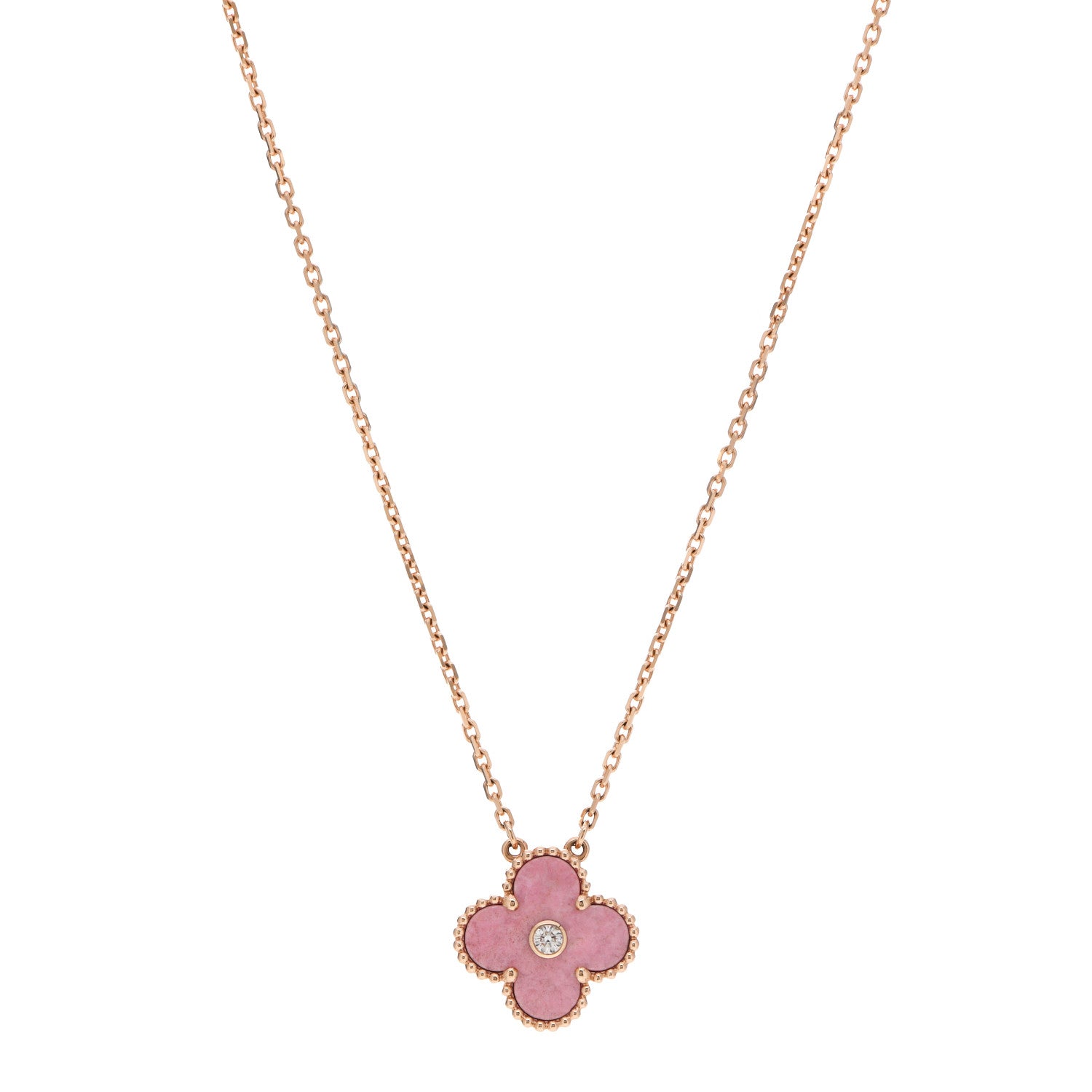 Van Cleef & Arpels 18K Rose Gold Diamond Rhodonite Vintage Alhambra Pendant Necklace 1 of 6