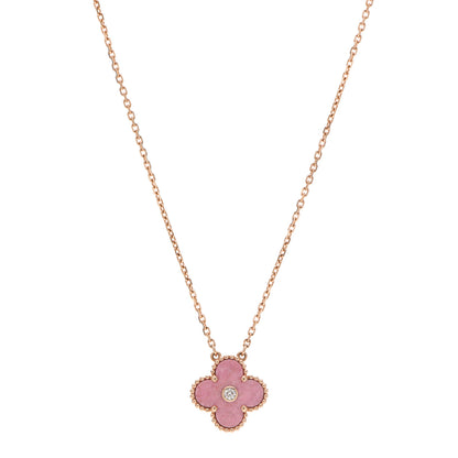 Van Cleef & Arpels 18K Rose Gold Diamond Rhodonite Vintage Alhambra Pendant Necklace 1 of 6