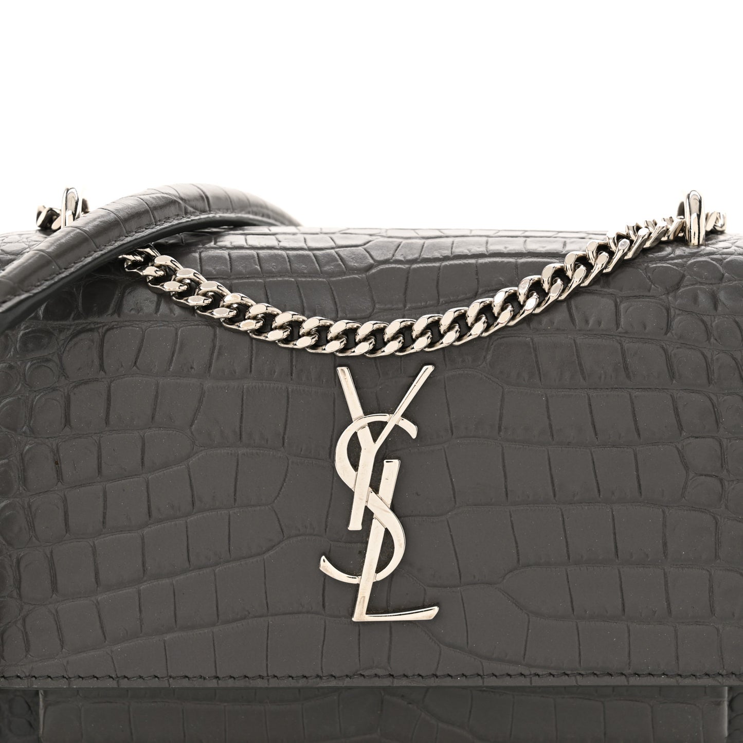 Calfskin Crocodile Embossed Monogram Sunset Chain Wallet Graphite