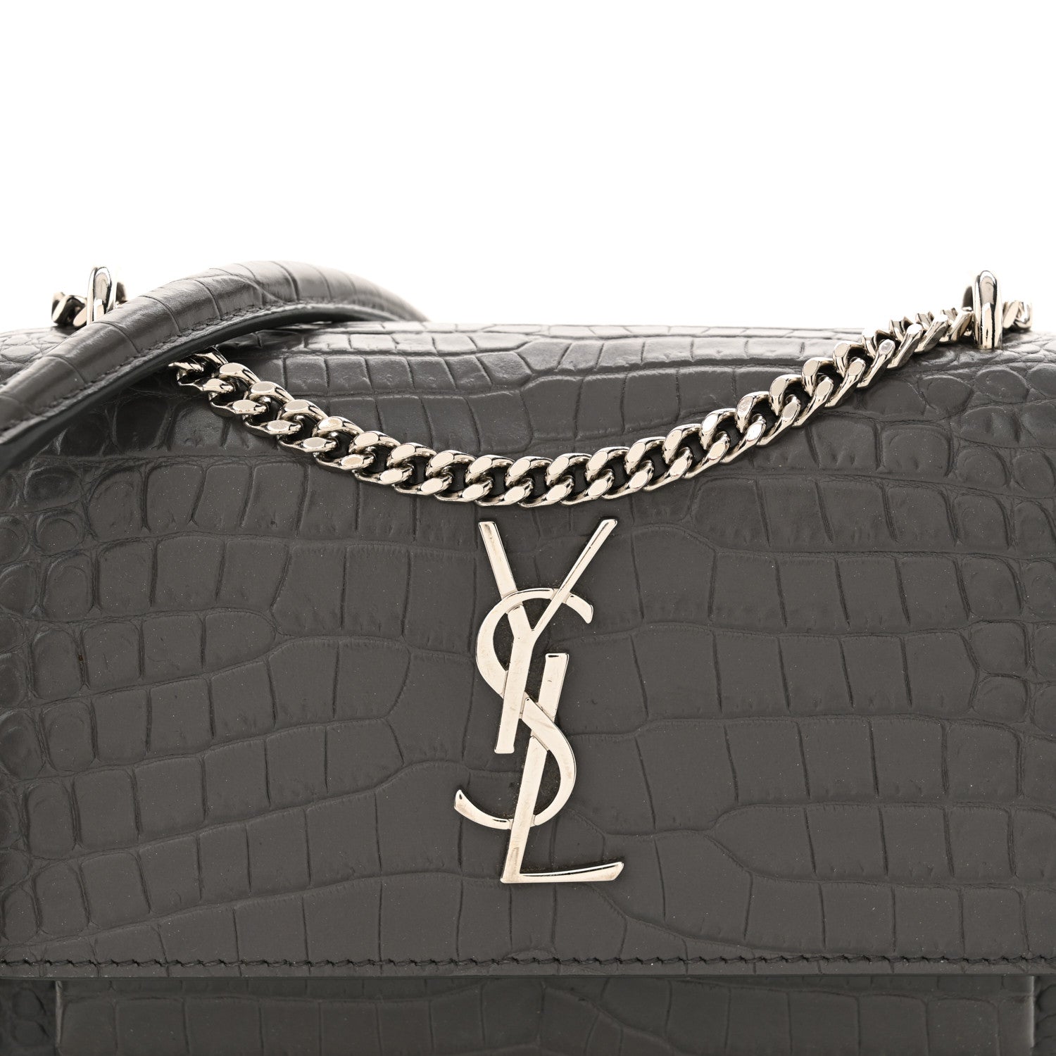 Saint Laurent Calfskin Crocodile Embossed Monogram Sunset Chain Wallet Graphite 8 of 12