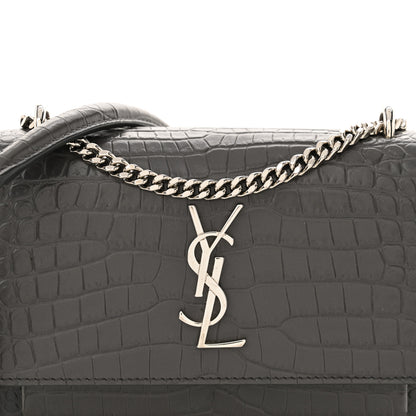 Saint Laurent Calfskin Crocodile Embossed Monogram Sunset Chain Wallet Graphite 8 of 12