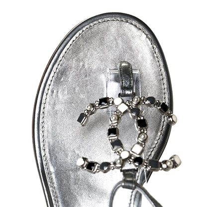 Chanel Metallized Lambskin CC Crystal Thong Sandals 38 Silver 7 of 7