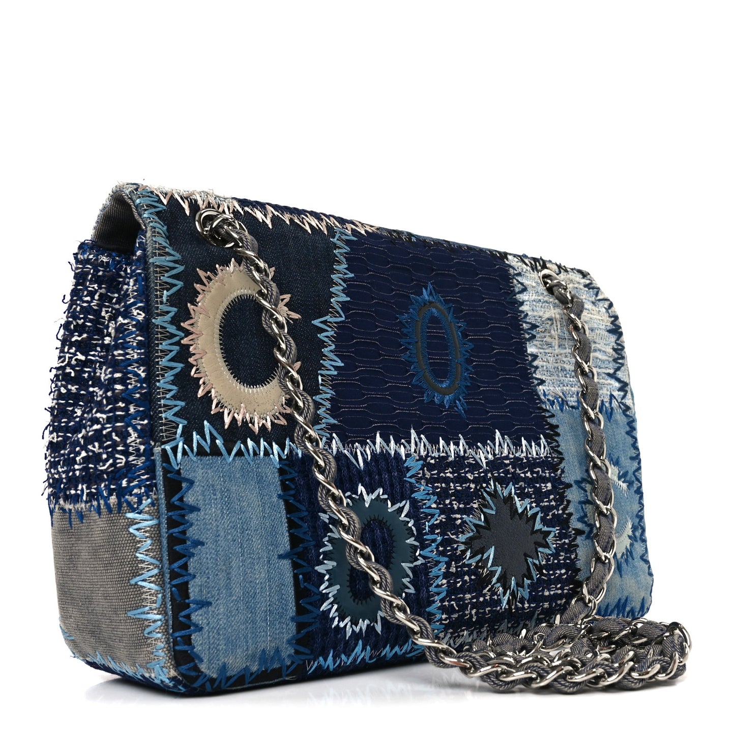 Denim Tweed Patchwork Jumbo Single Flap Blue