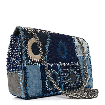 Chanel Denim Tweed Patchwork Jumbo Single Flap Blue 3 of 12