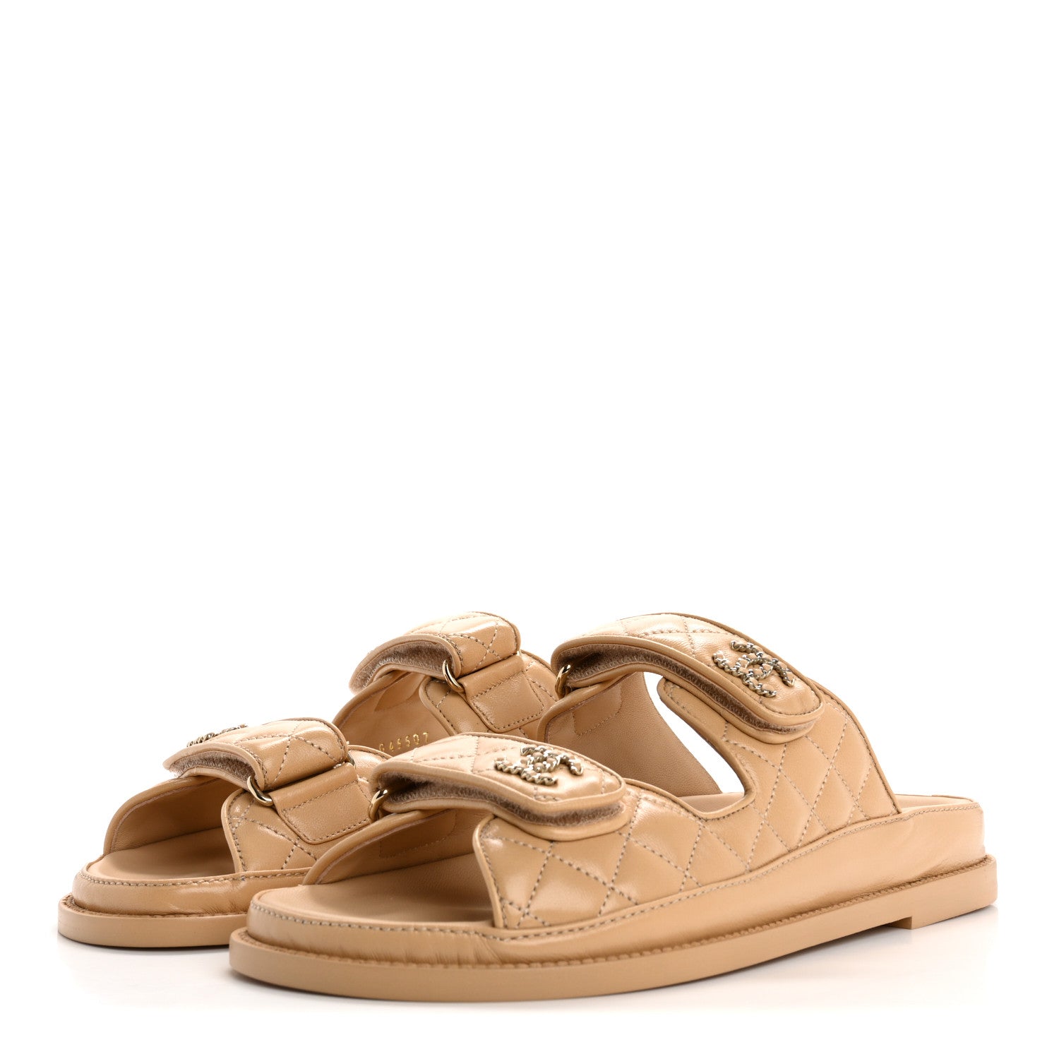 Chanel Lambskin Quilted Velcro Dad Chain CC Slide Sandals 39 Beige 4 of 10