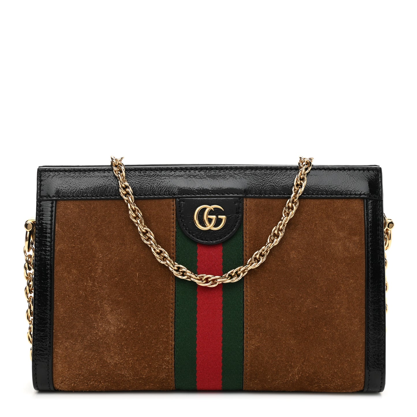 Suede Patent Web Small Ophidia Chain Shoulder Bag Nocciola Black