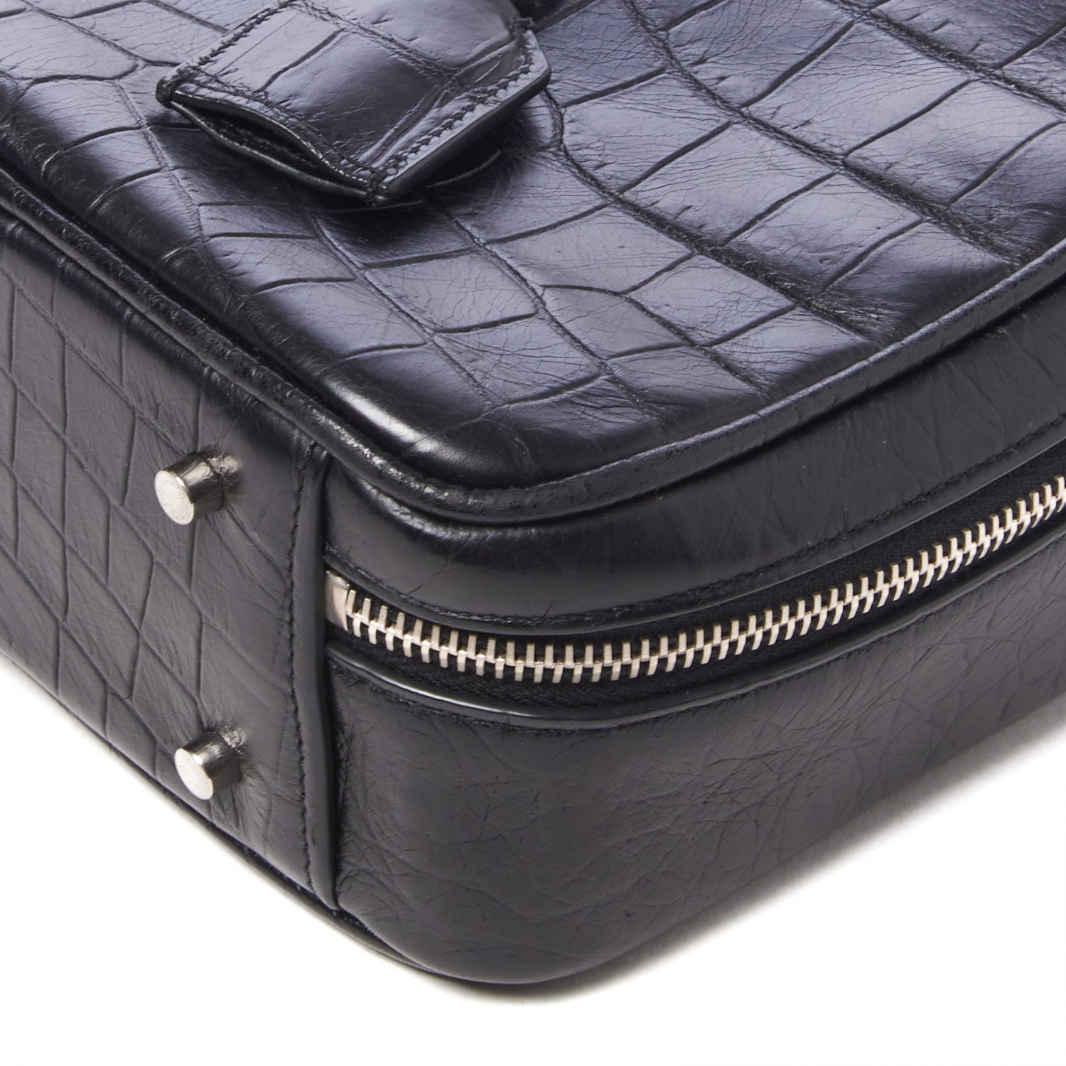 Saint Laurent Calfskin Crocodile Embossed Monogram Lunch Box Bag Black 4 of 8