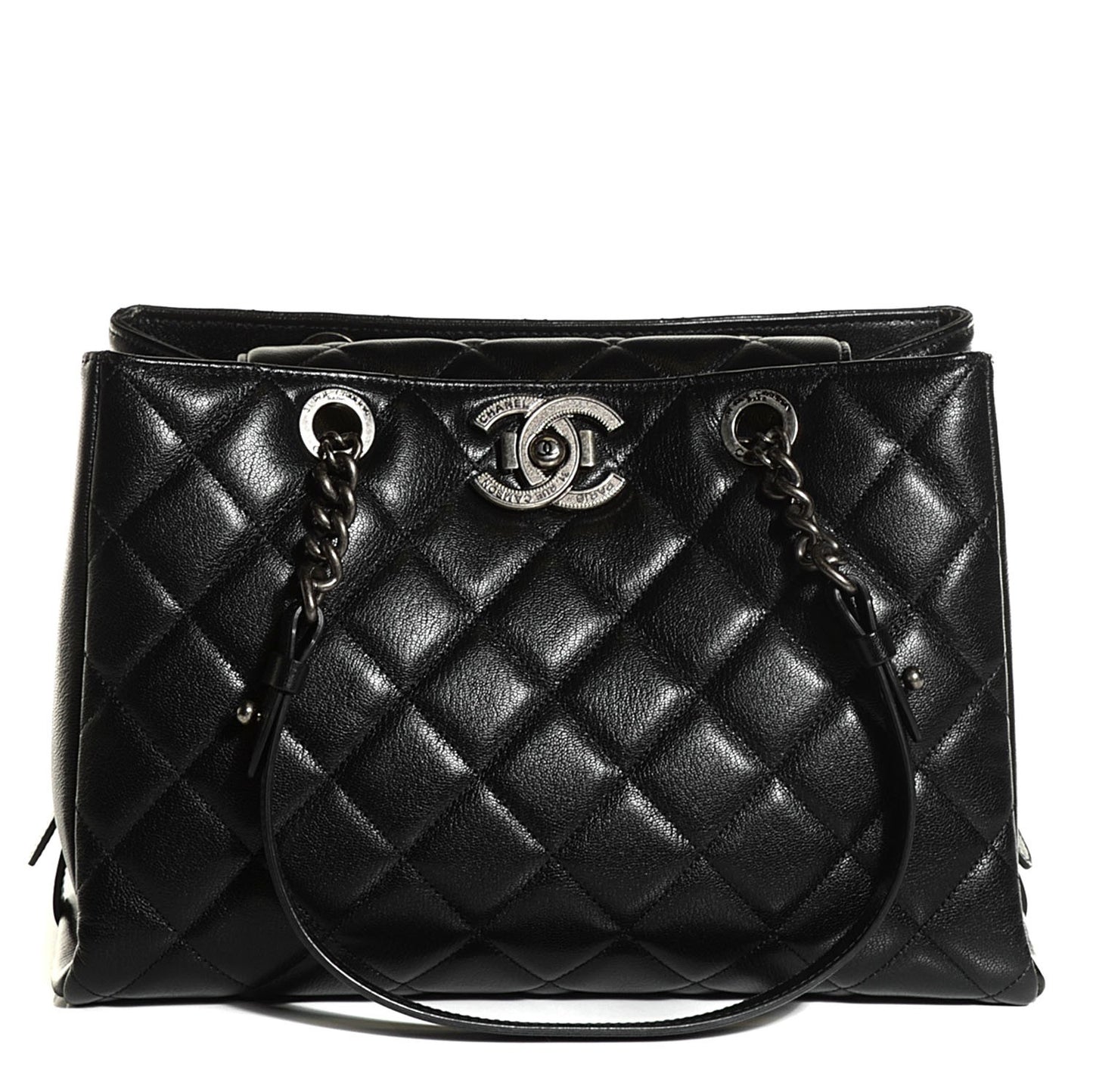 Metallic Goatskin Quilted Large City Rock Shopping Bag Black