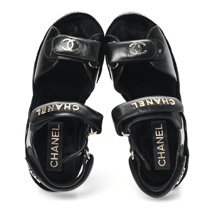 Chanel Shiny Calfskin Quilted Wedge Sandals 37 Black 2 of 9