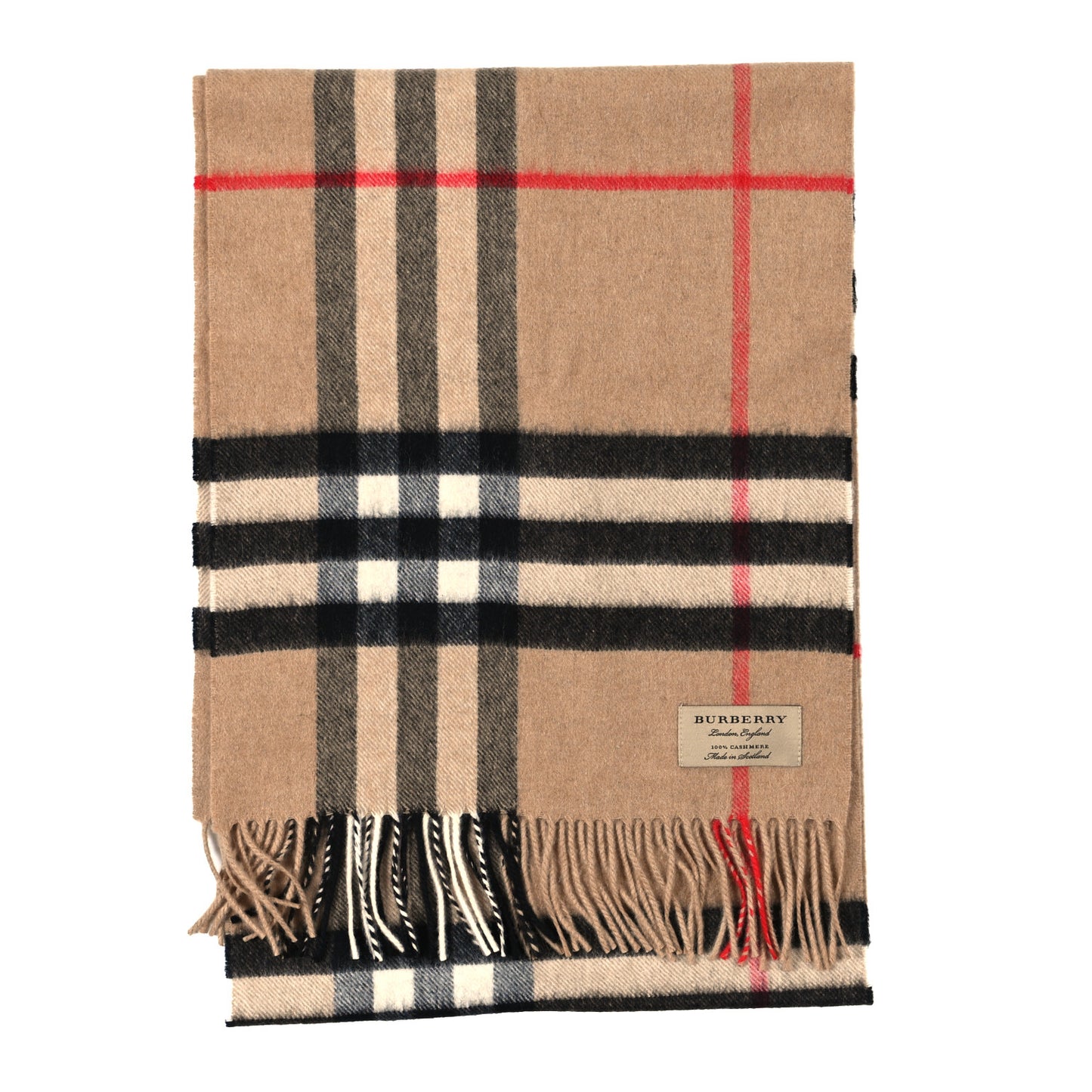 Cashmere Giant Check Fringe Scarf Camel