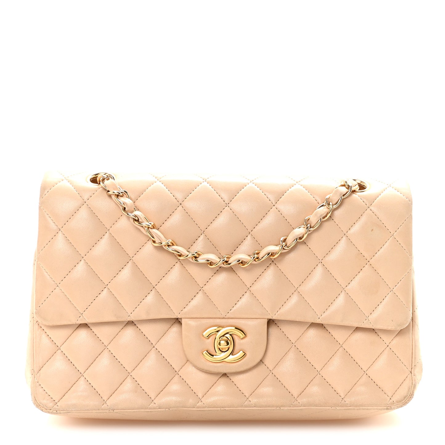 Lambskin Quilted Medium Double Flap Beige