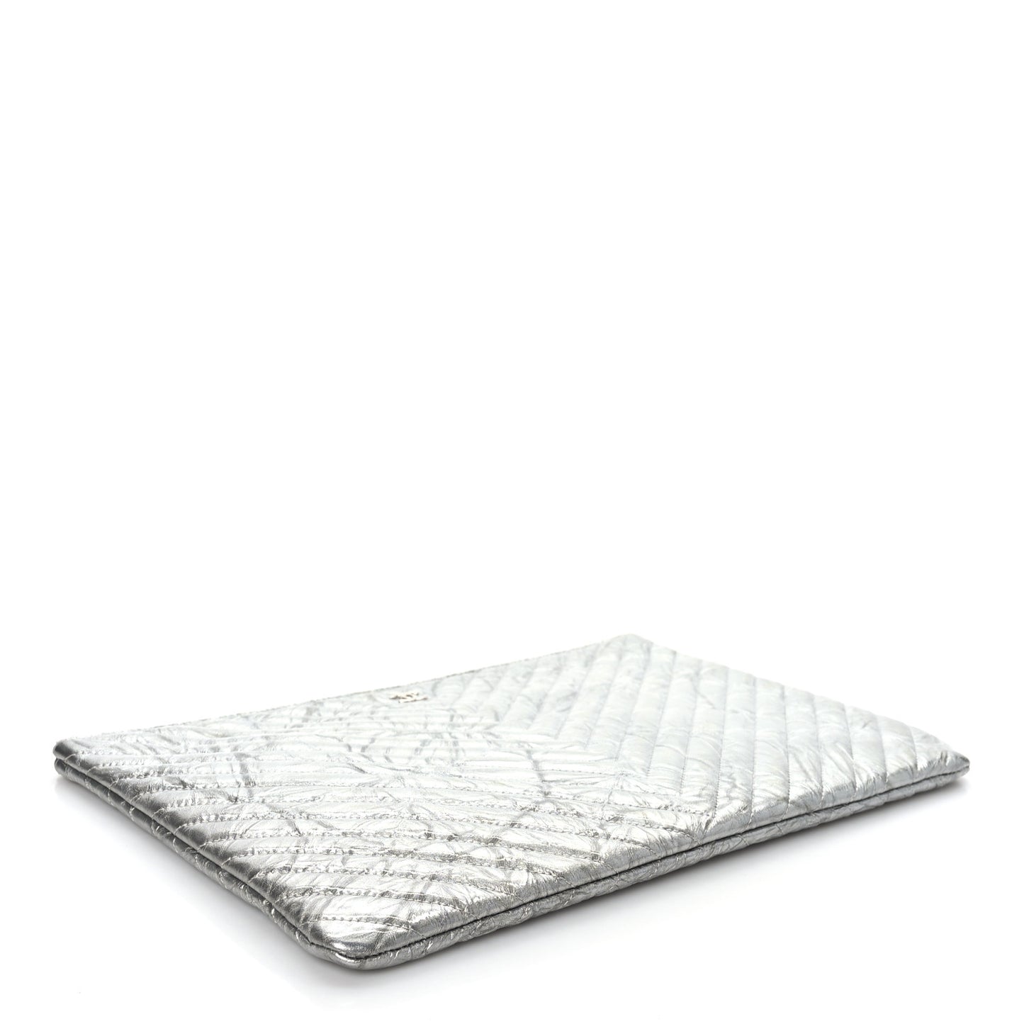 Metallic Crumpled Calfskin Chevron Quilted Large Cosmetic Case Silver