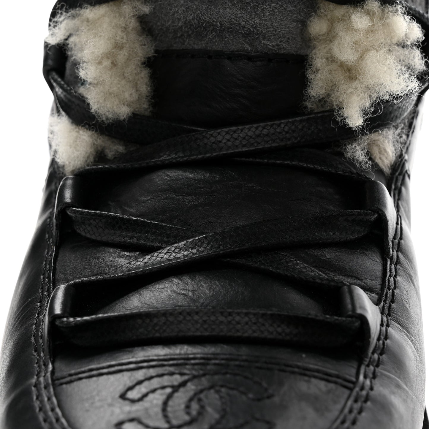 Calfskin Suede Shearling Lace Up Boots 35.5 Black Grey