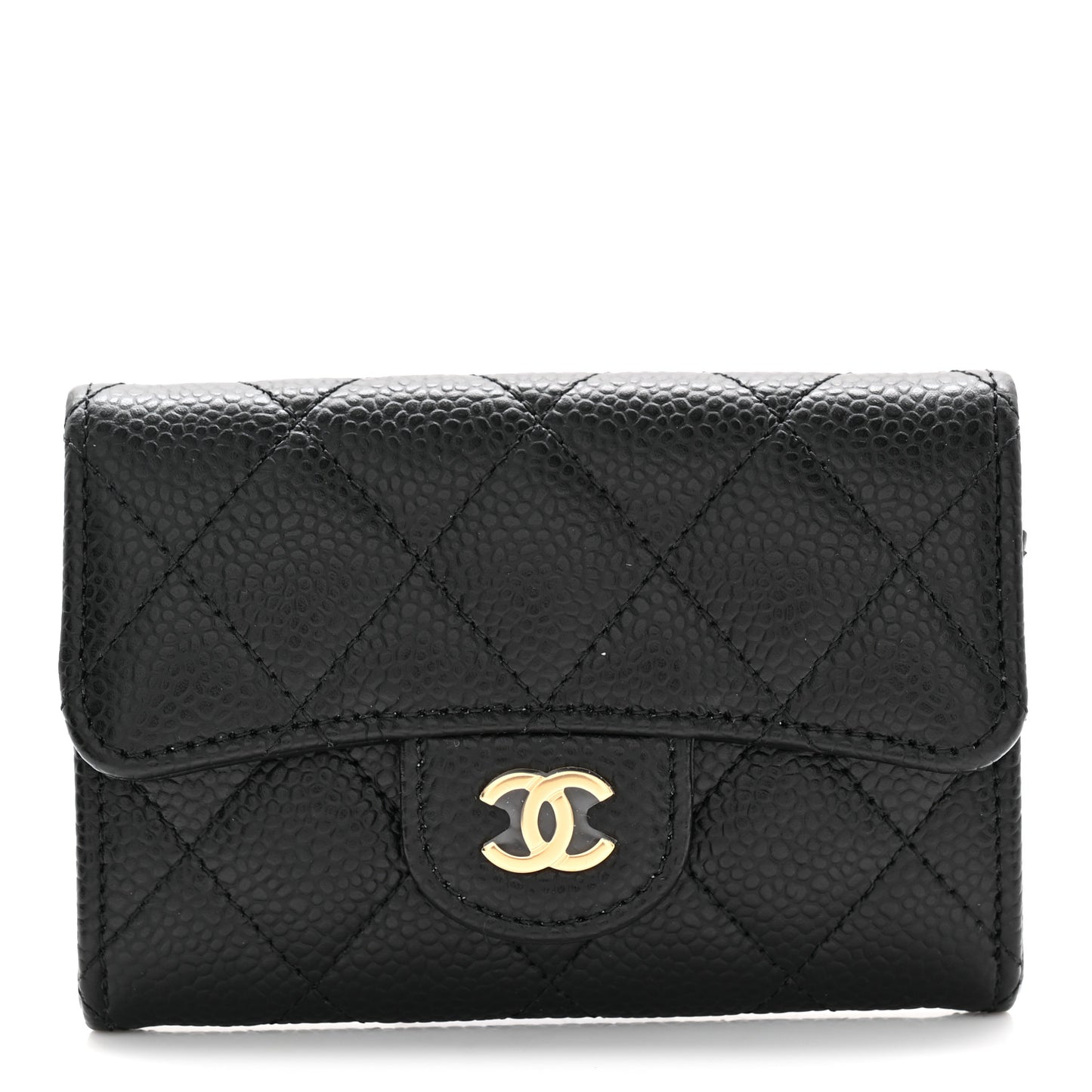 Caviar Quilted Flap Card Holder Wallet Black