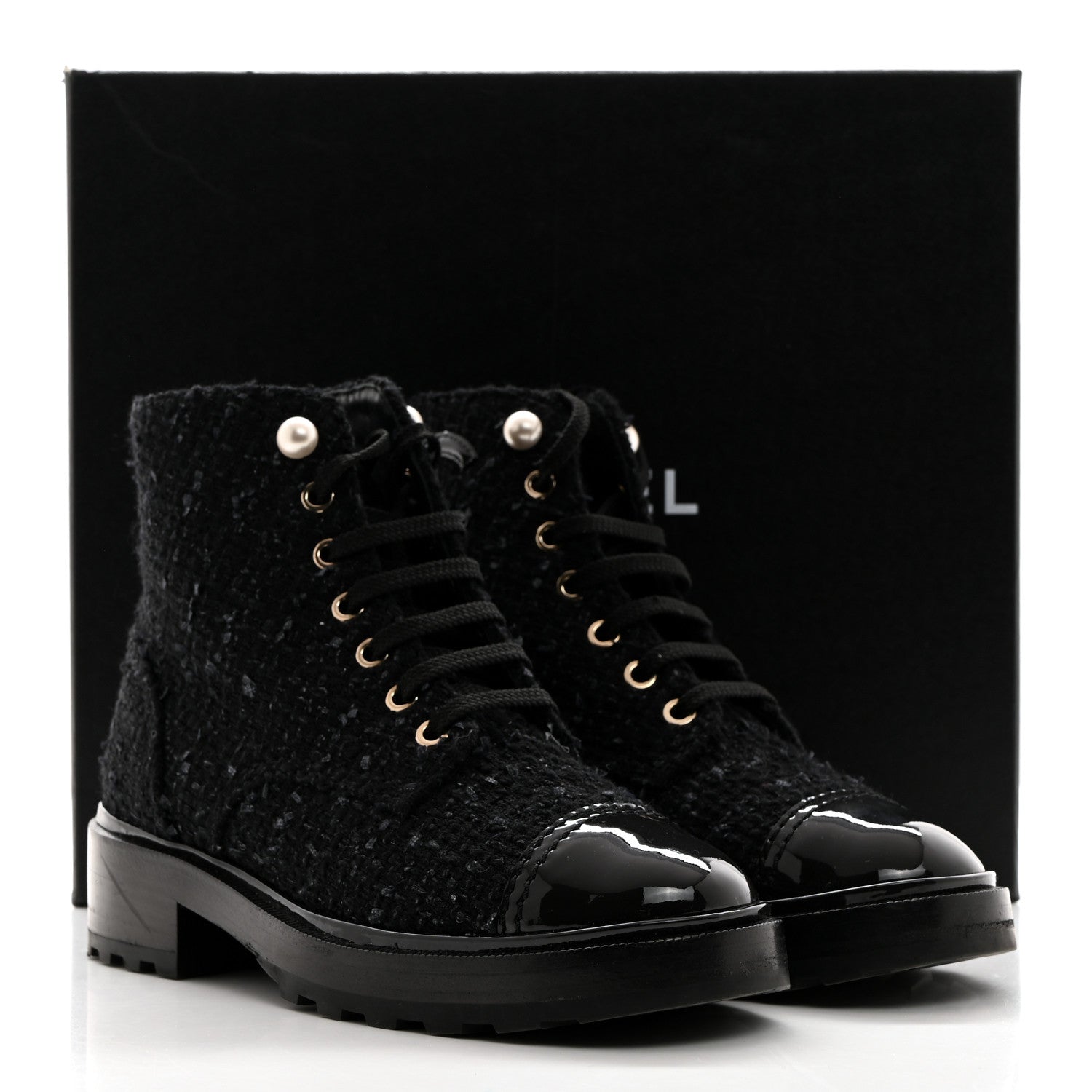 Chanel Tweed Patent Calfskin Pearl Combat Short Boots 36.5 Black Grey Blue 9 of 9