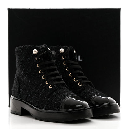 Chanel Tweed Patent Calfskin Pearl Combat Short Boots 36.5 Black Grey Blue 9 of 9