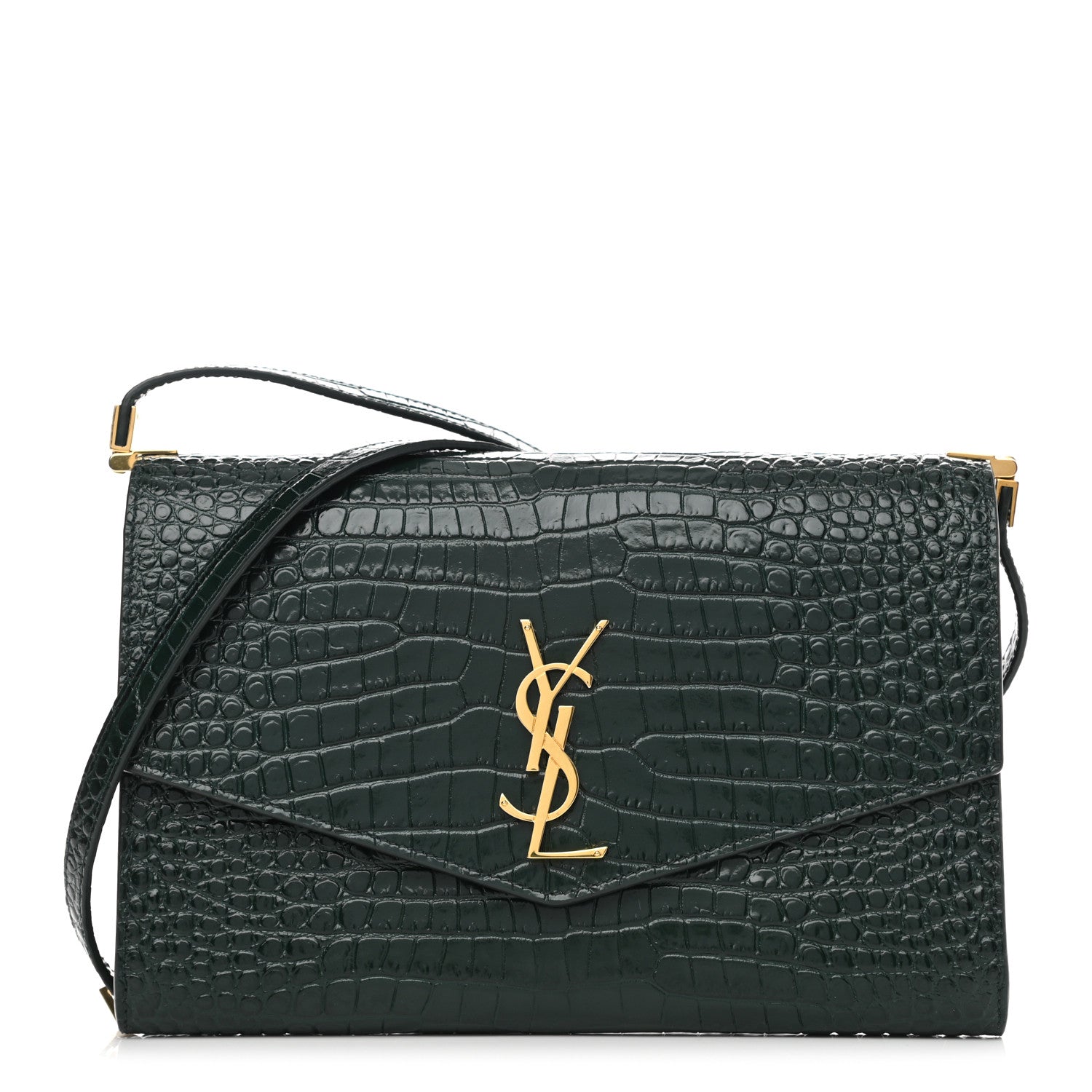 Saint Laurent Calfskin Crocodile Embossed Monogram Mini Uptown Crossbody Dark Mint 1 of 10