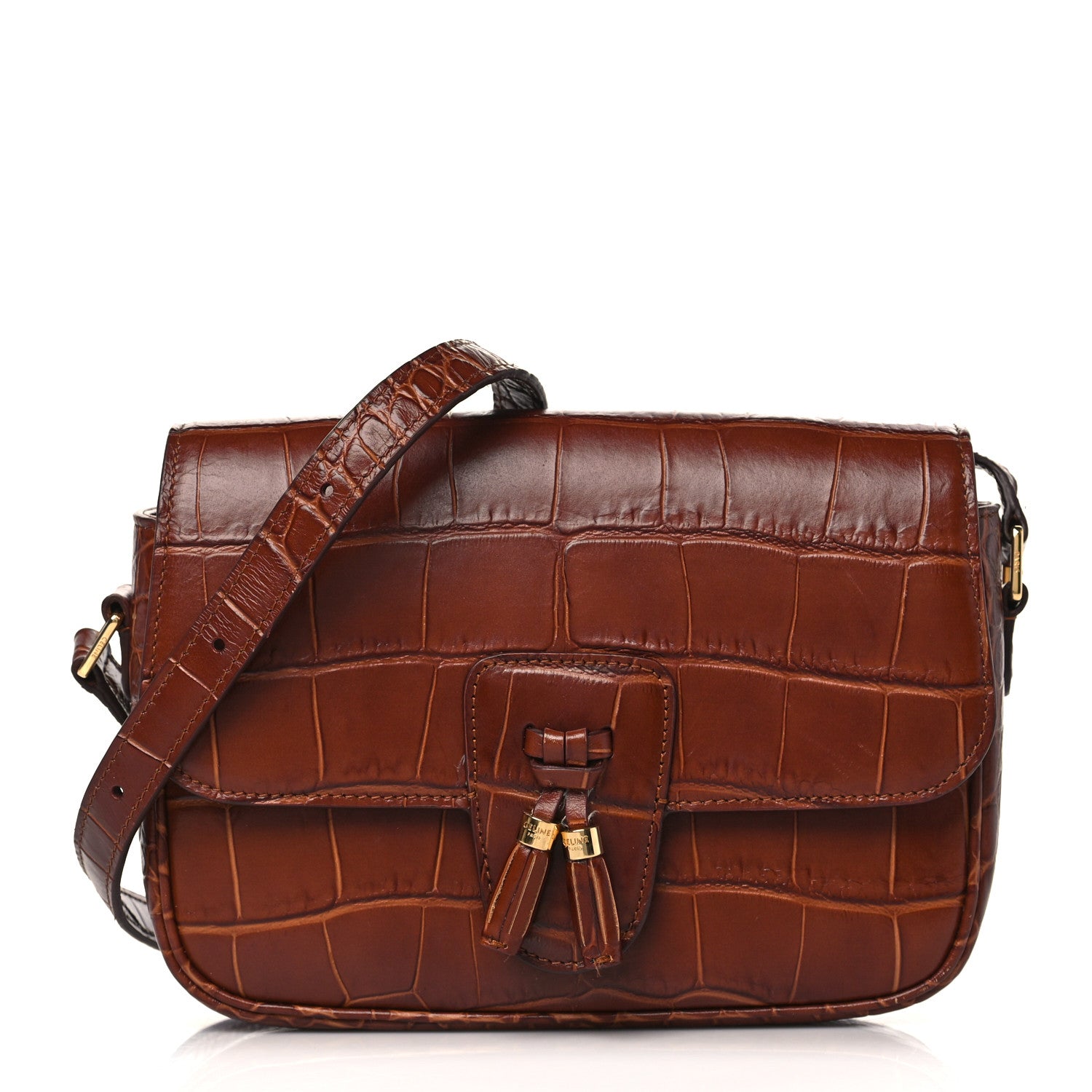 Celine Calfskin Crocodile Embossed Medium Tassel Bag Tan 1 of 9