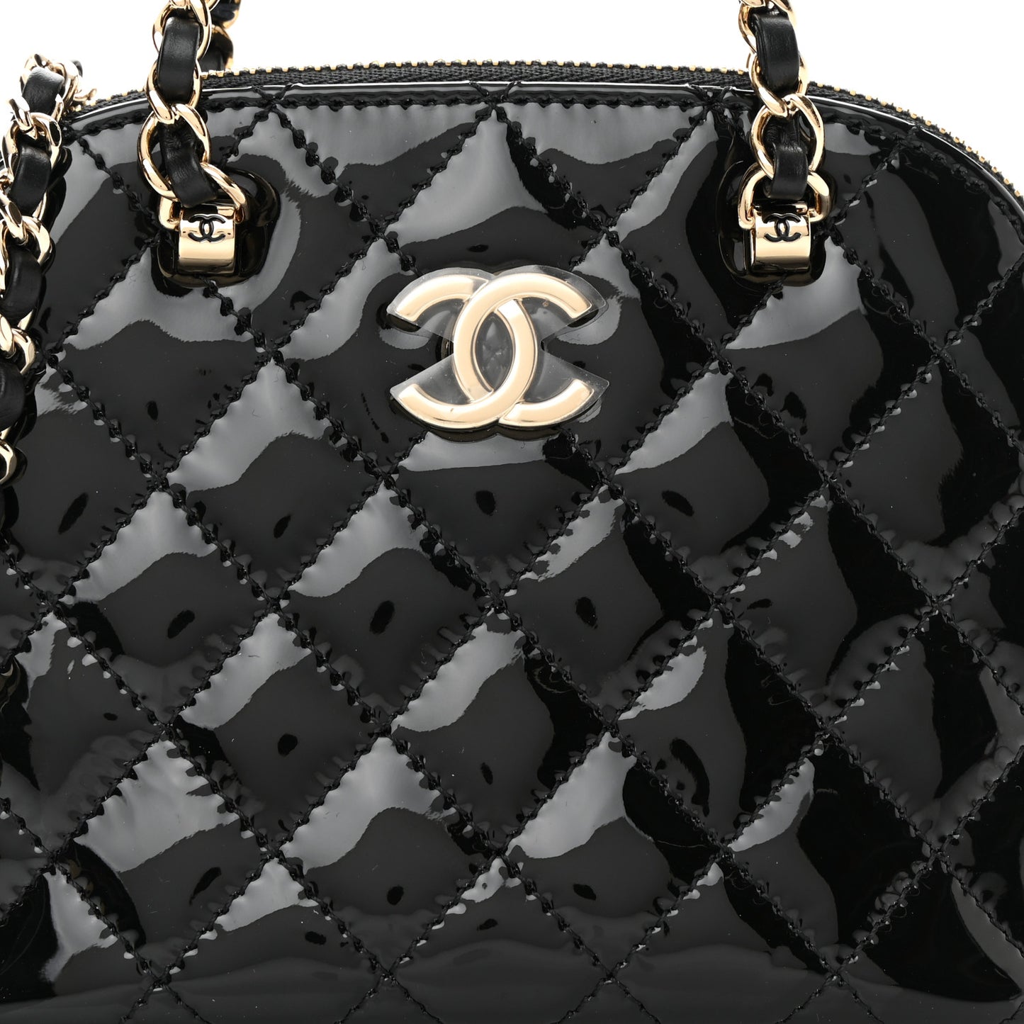 Patent Calfskin Quilted Shiny Coco Clutch With Chain Black