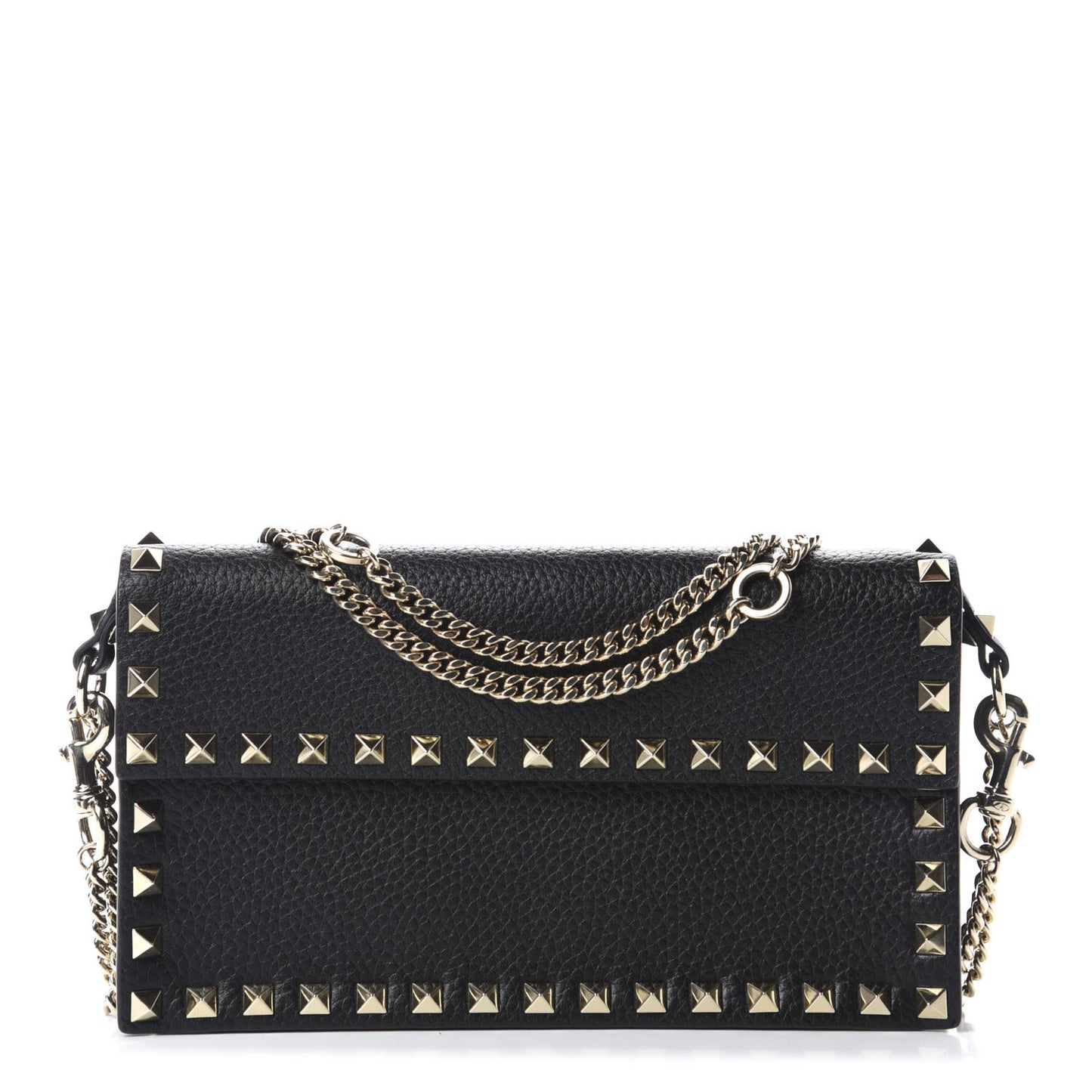 Pebbled Calfskin Rockstud Flap Wallet On Chain Black