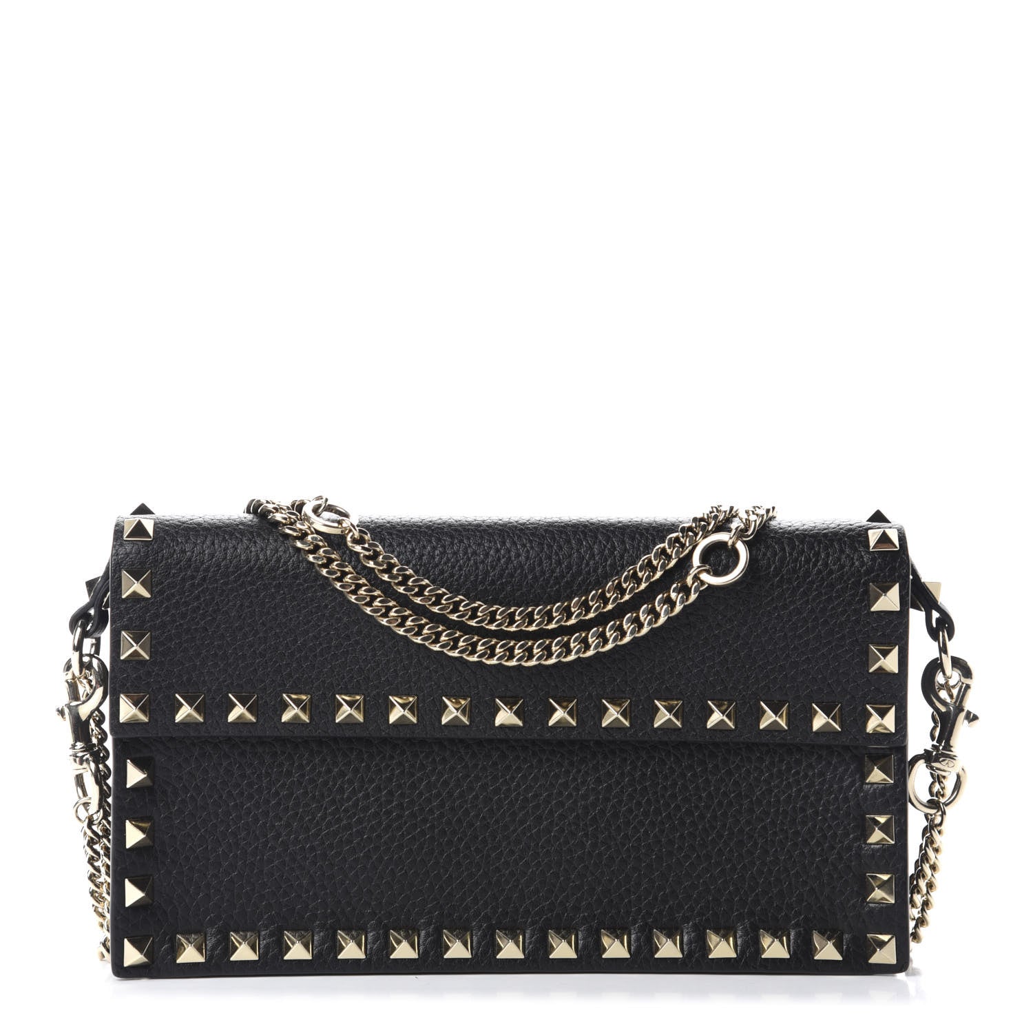 Valentino Garavani Pebbled Calfskin Rockstud Flap Wallet On Chain Black 1 of 10