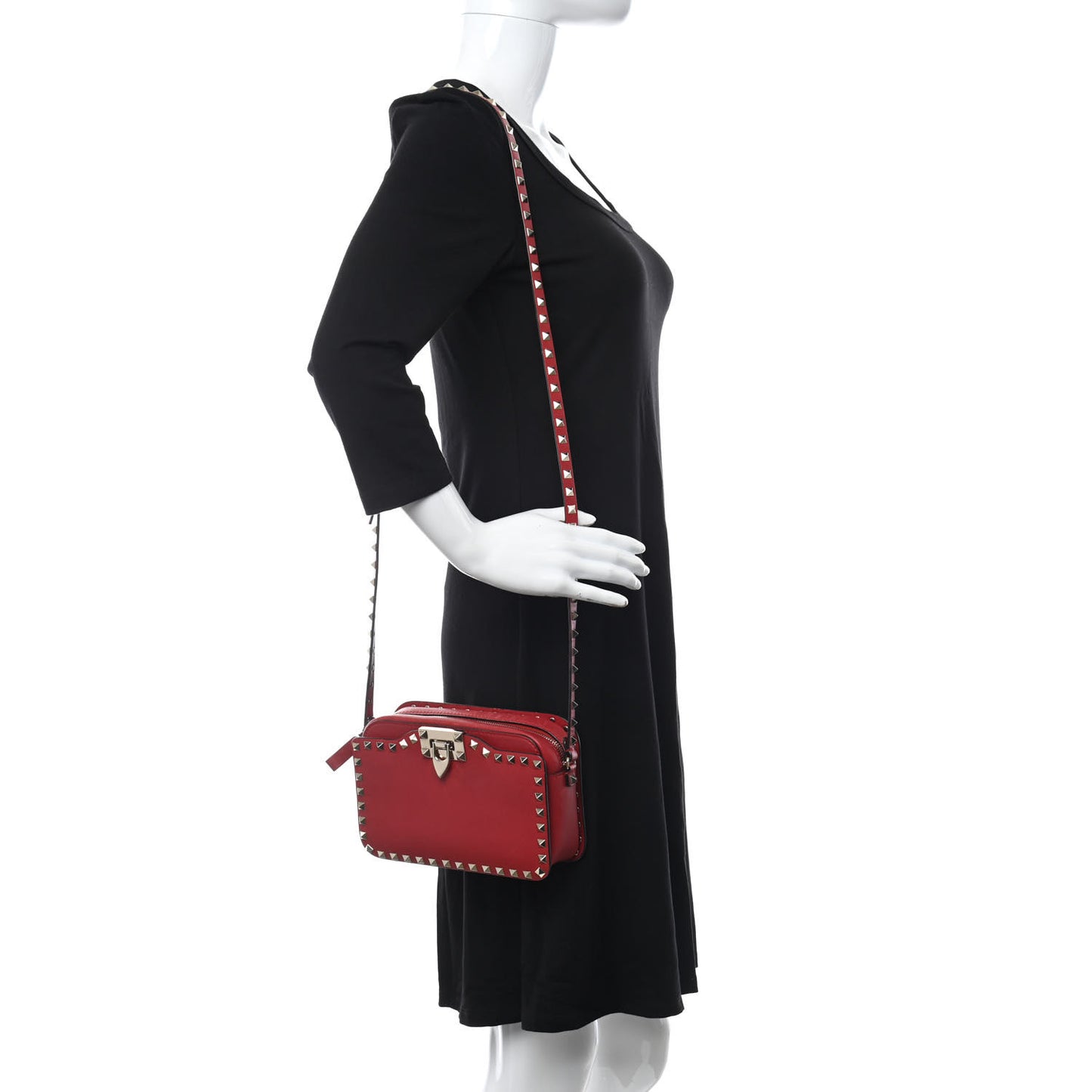 Calfskin Rockstud Flip Lock Camera Crossbody Bag Rosso
