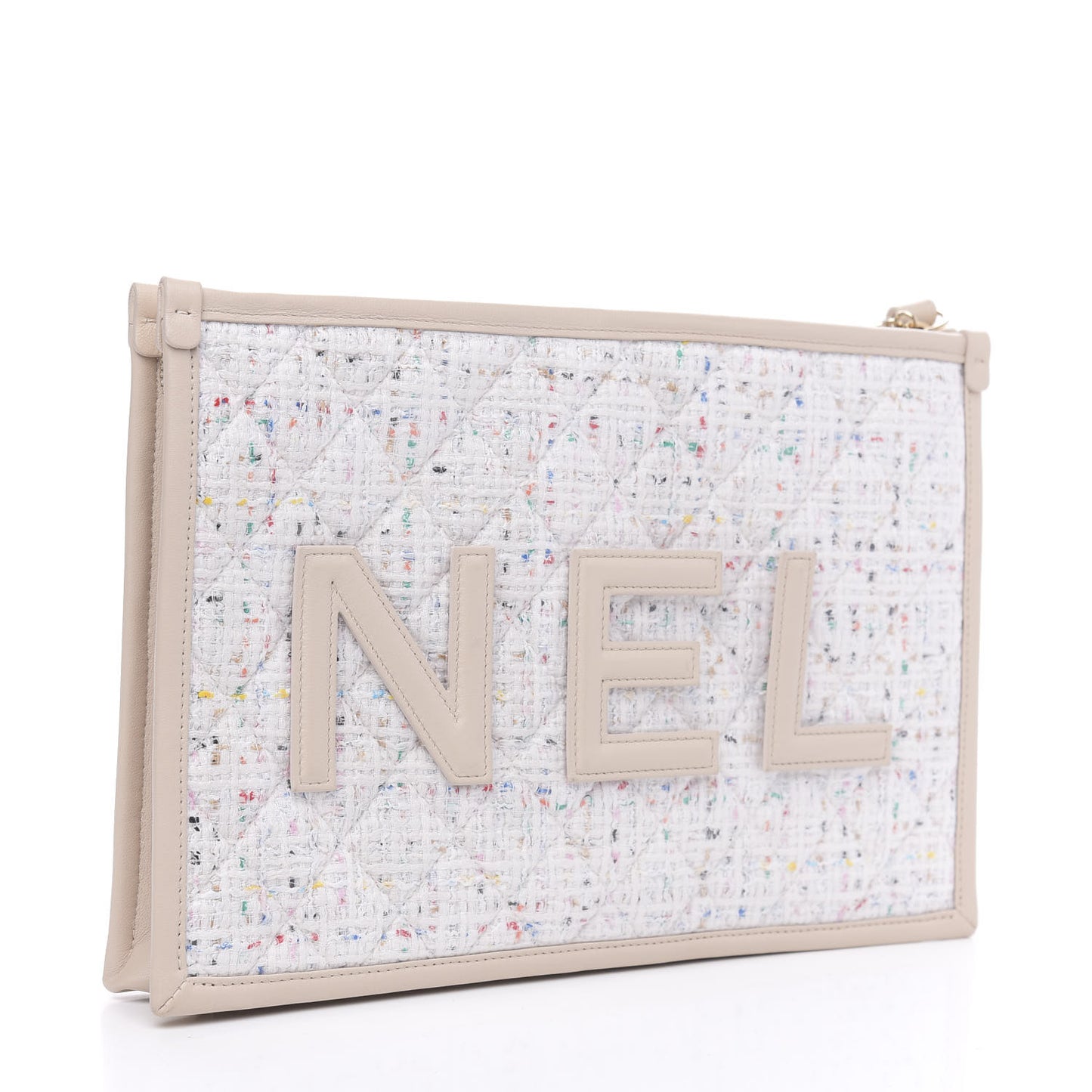 Tweed PVC Lambskin Wristlet Pouch Beige