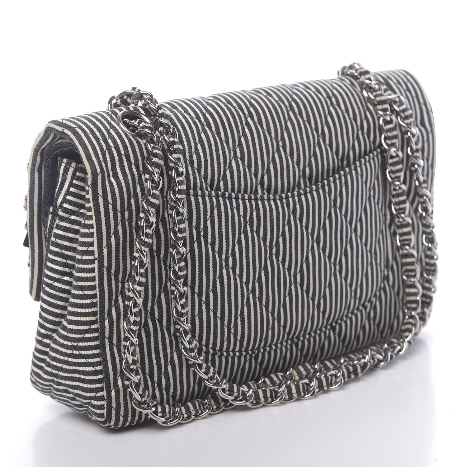 Chanel Canvas Sequin Stripe Medium Double Flap Black White 3 of 11
