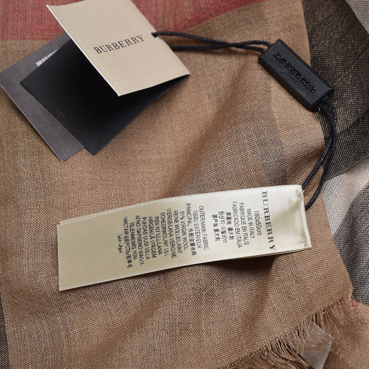 Wool Silk Gauze Half Mega Check Scarf Camel