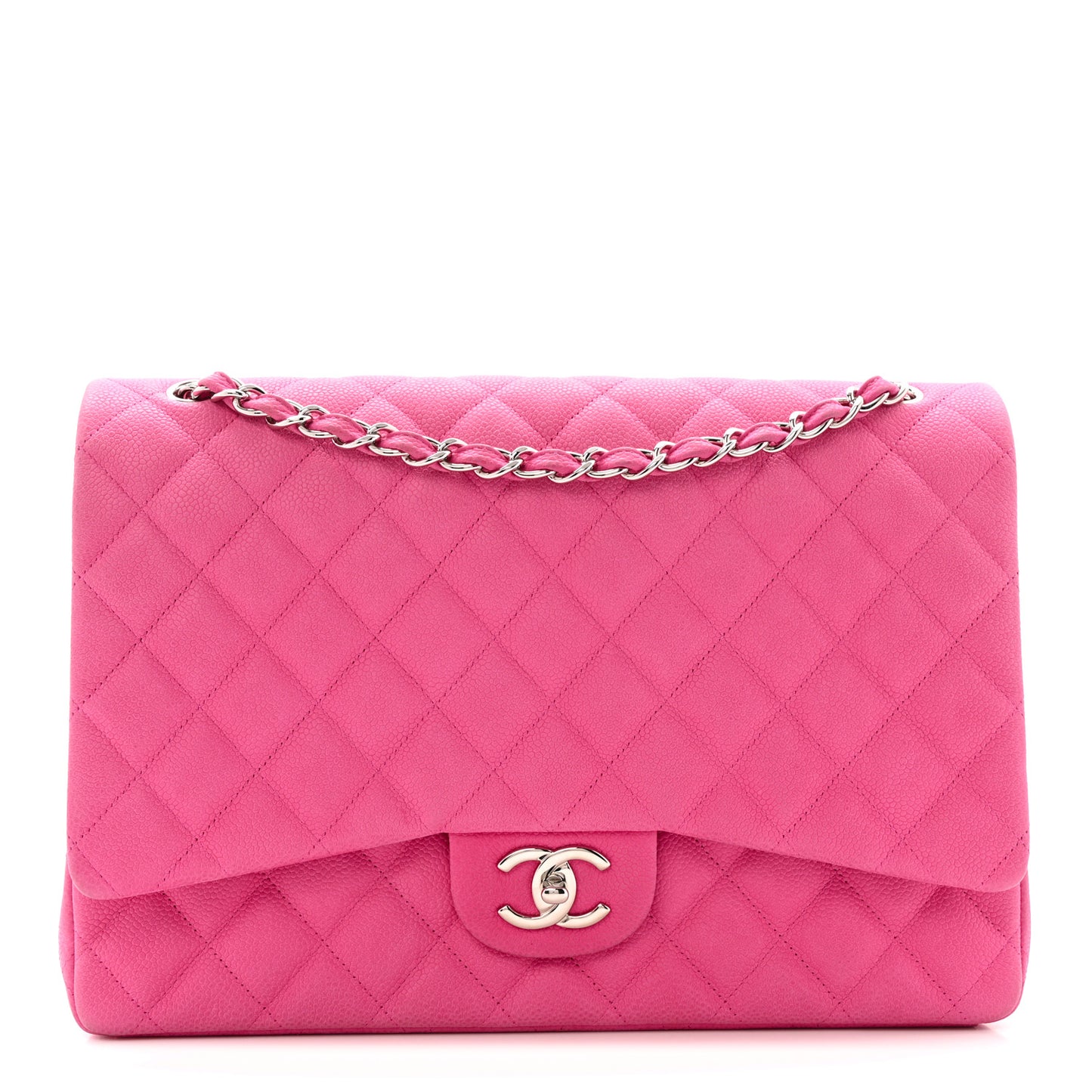 Iridescent Caviar Quilted Maxi Double Flap Hot Pink