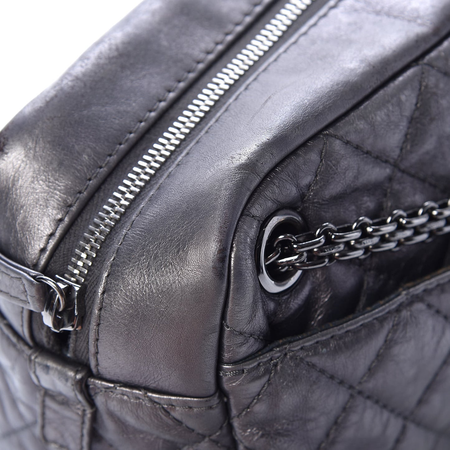 Metallic Aged Calfskin Quilted Medium Reissue Camera Case Dark Silver