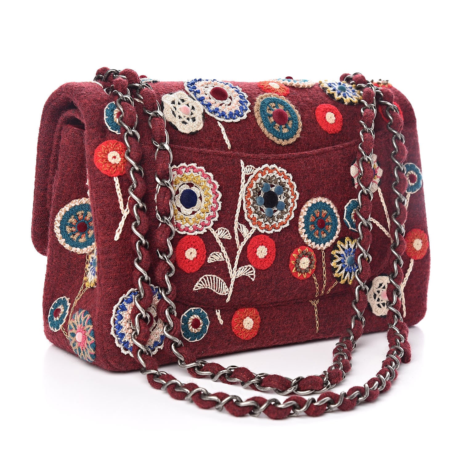 Chanel Felt Flower Embroidered Jumbo Double Flap Burgundy Multicolor 3 of 11