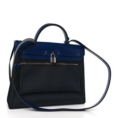 Hermes Military Toile Vache Hunter Herbag Zip 31 PM Black Bleu Saphir 4 of 11
