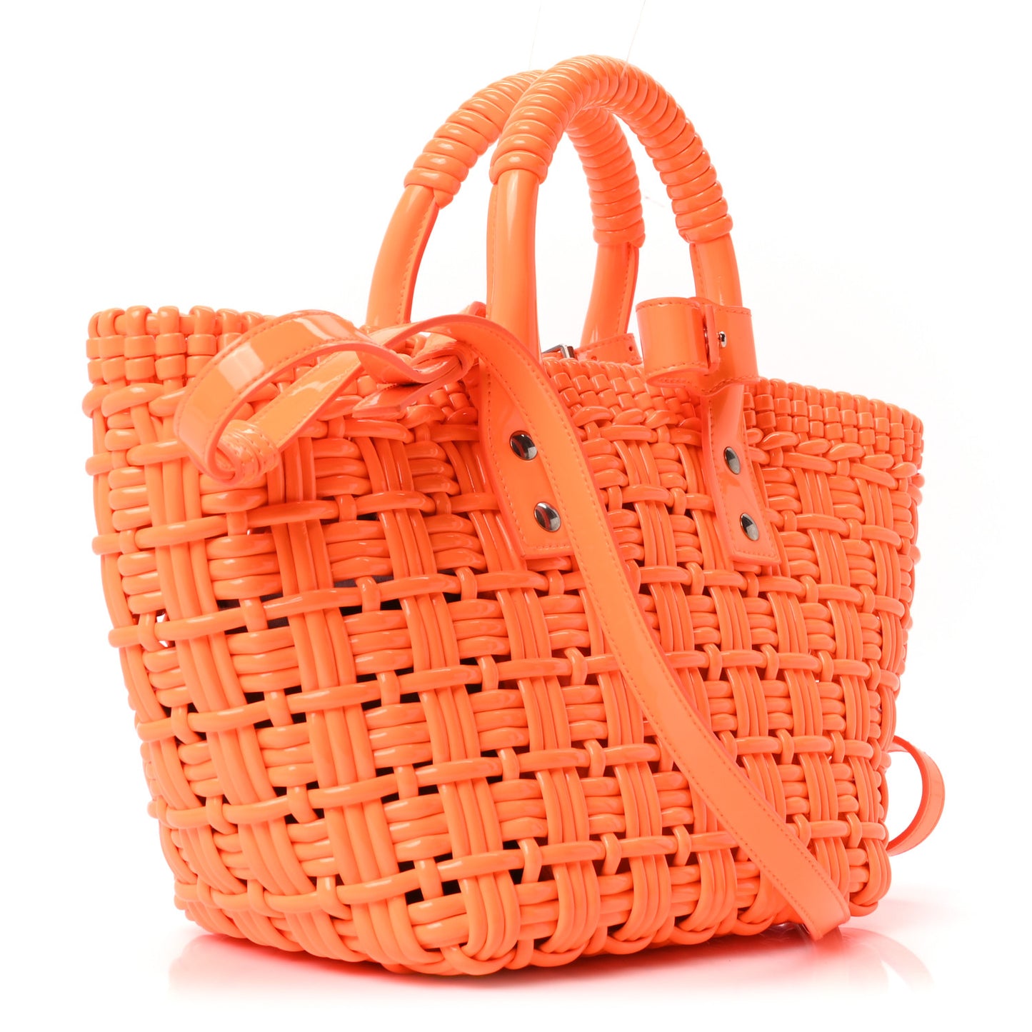 Varnished Faux Calfskin Braided XS Bistro Basket Fluo Orange