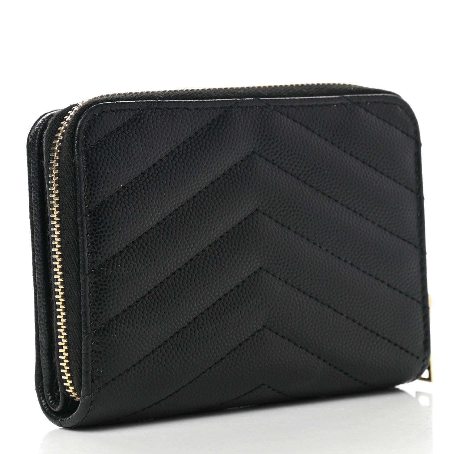 Saint Laurent Grain De Poudre Matelasse Chevron Monogram Compact Zip Around Wallet Black 3 of 8
