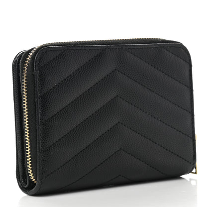 Saint Laurent Grain De Poudre Matelasse Chevron Monogram Compact Zip Around Wallet Black 3 of 8