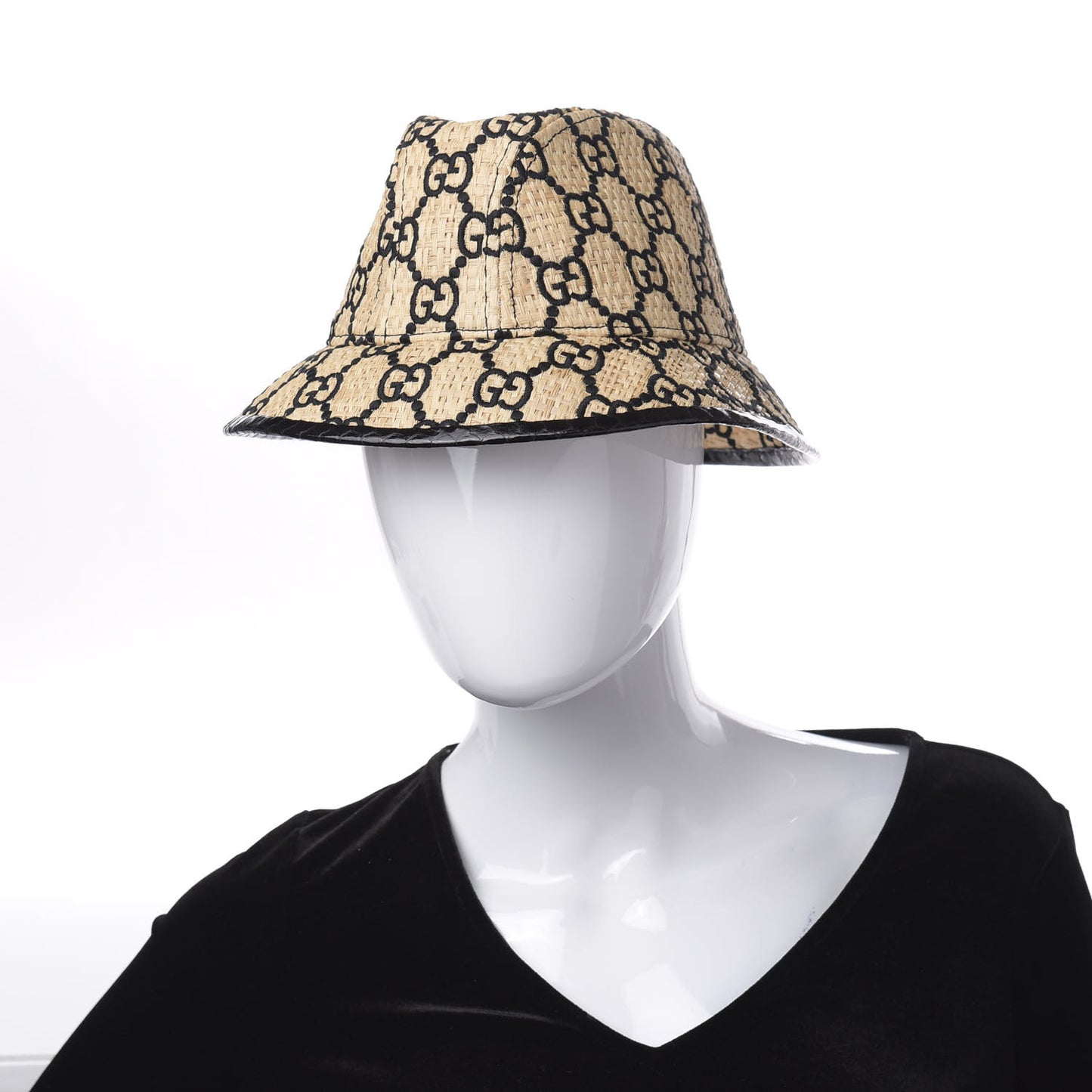 Raffia Elaphe GG Monogram Embroidered Fedora Hat M Ivory Black