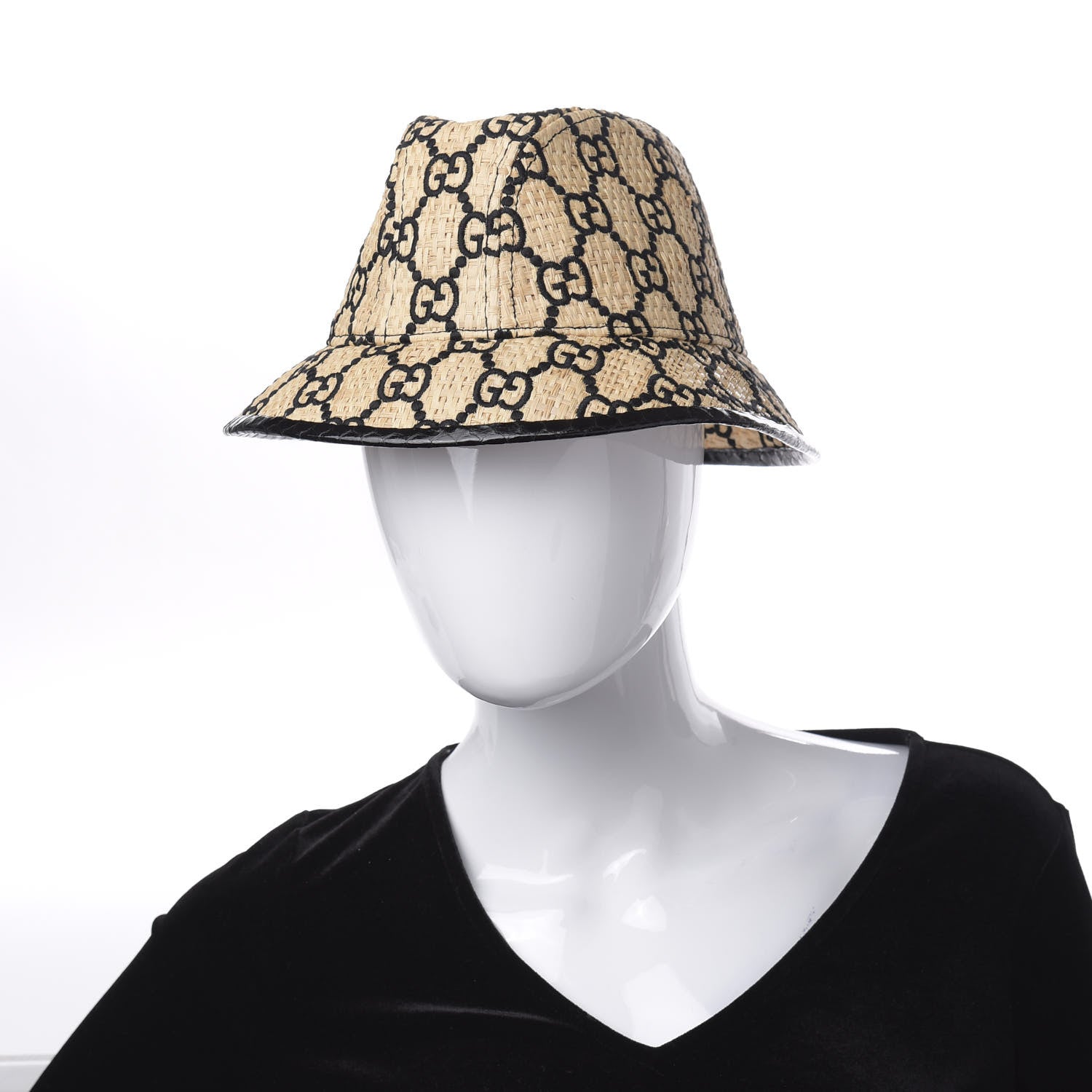 Gucci Raffia Elaphe GG Monogram Embroidered Fedora Hat M Ivory Black 2 of 7