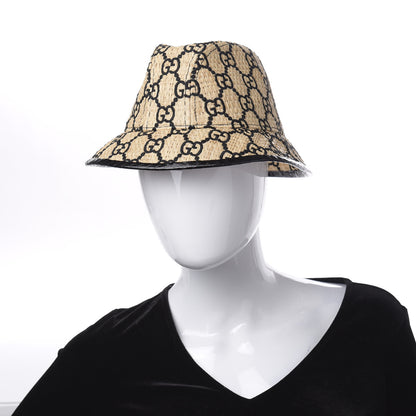 Gucci Raffia Elaphe GG Monogram Embroidered Fedora Hat M Ivory Black 2 of 7